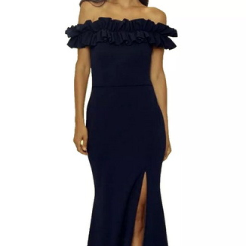 Xscape Navy Blue Off The Shoulder Ruffle Crepe Trumpet Gown
